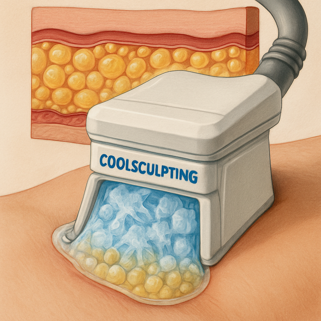 An illustration showing how Coolsculpting targets and freezes fat cells beneath the skin, emphasizing noninvasive fat reduction. Alt: Coolsculpting device applicator freezing subcutaneous fat cells on the abdomen.