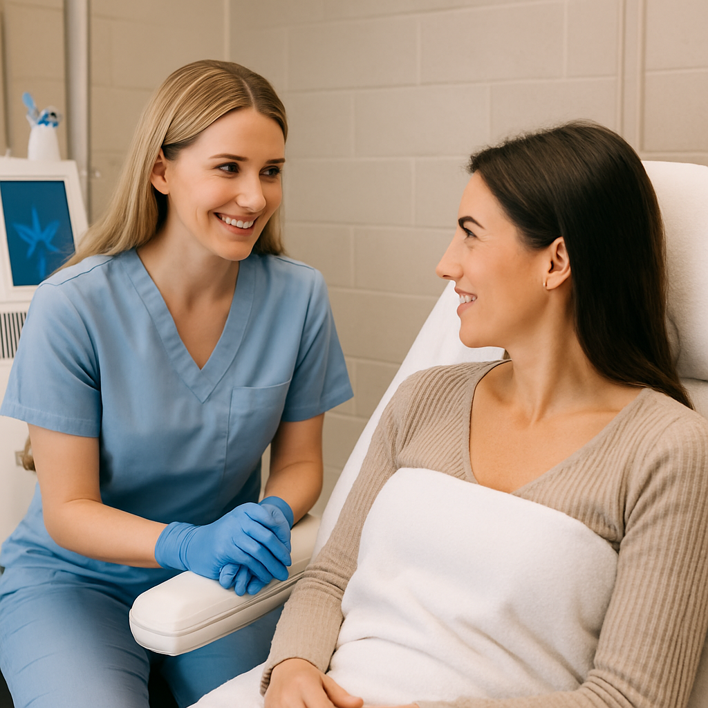 A friendly aesthetic clinic setting showing a patient consulting with a caring CoolSculpting technician, emphasizing comfort and expert care. Alt: Managing coolsculpting side effects with expert clinic support.