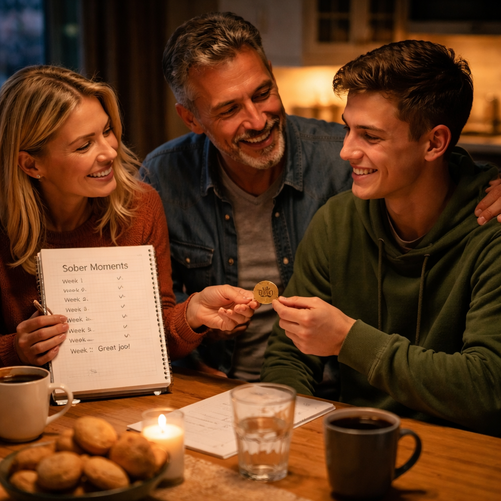 A photorealistic scene of a family gathered around a kitchen table at dusk, one parent holding a notebook and pointing to a list of sober moments while another family member hands over a small reward token, the warm glow highlighting supportive expressions. Alt: Recognizing signs of CRAFT model addiction in a family setting.