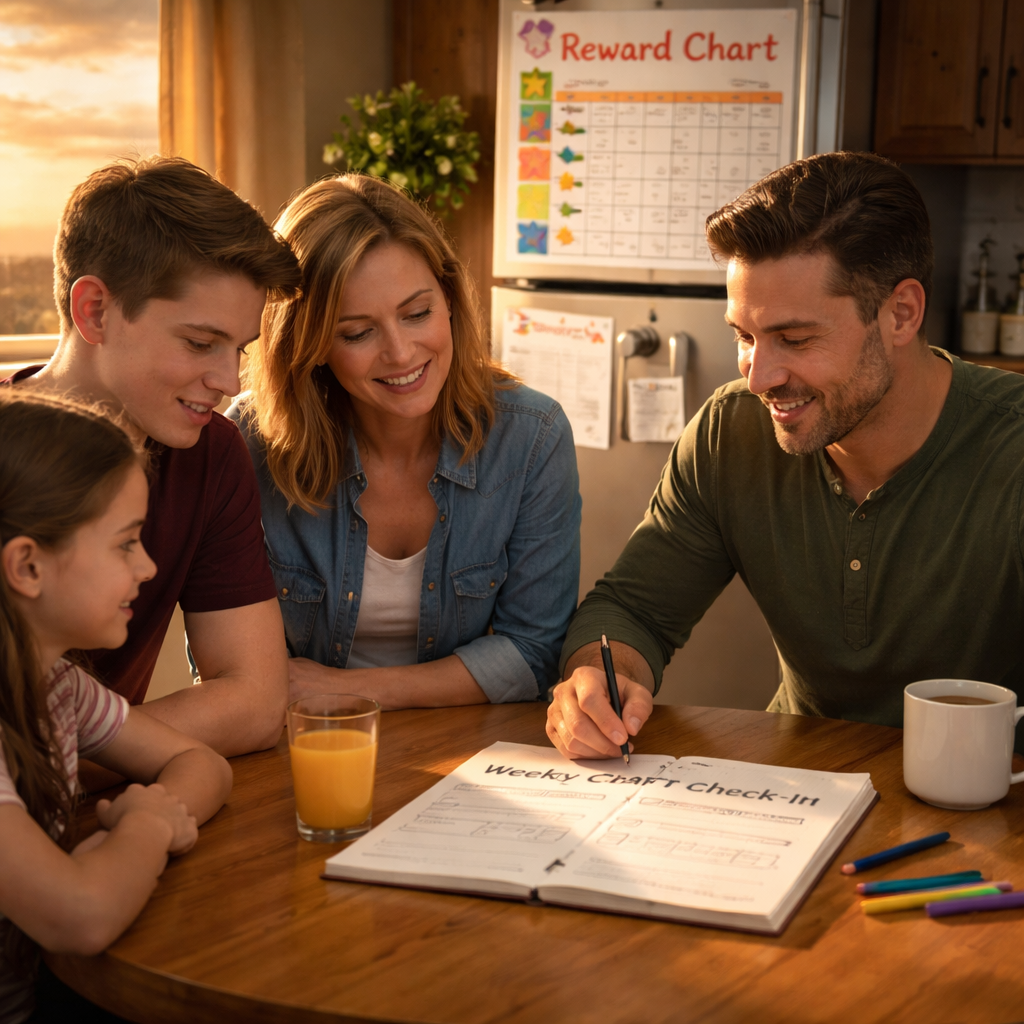 A photorealistic scene of a family gathered around a kitchen table at sunset, reviewing a simple weekly CRAFT check‑in notebook, with a reward chart on the fridge and a calm, hopeful atmosphere. Alt: Family maintaining long‑term change with CRAFT model addiction.