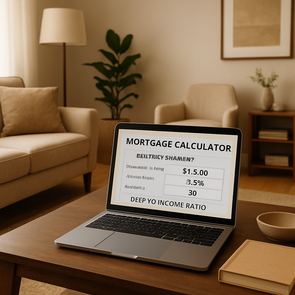 A cozy living room with a neatly placed area rug and a visible mortgage calculator on a laptop screen. Alt: Understanding debt‑to‑income ratio for mortgage with home décor elements.