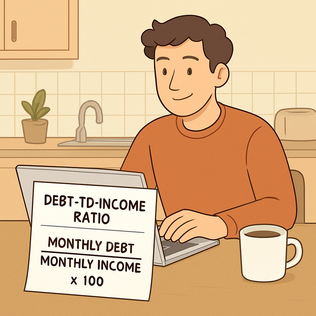 A friendly illustration of a person at a kitchen table with a laptop, spreadsheet, and coffee, showing a simplified debt‑to‑income ratio calculation. Alt: Practical tips for improving debt to income ratio for mortgage