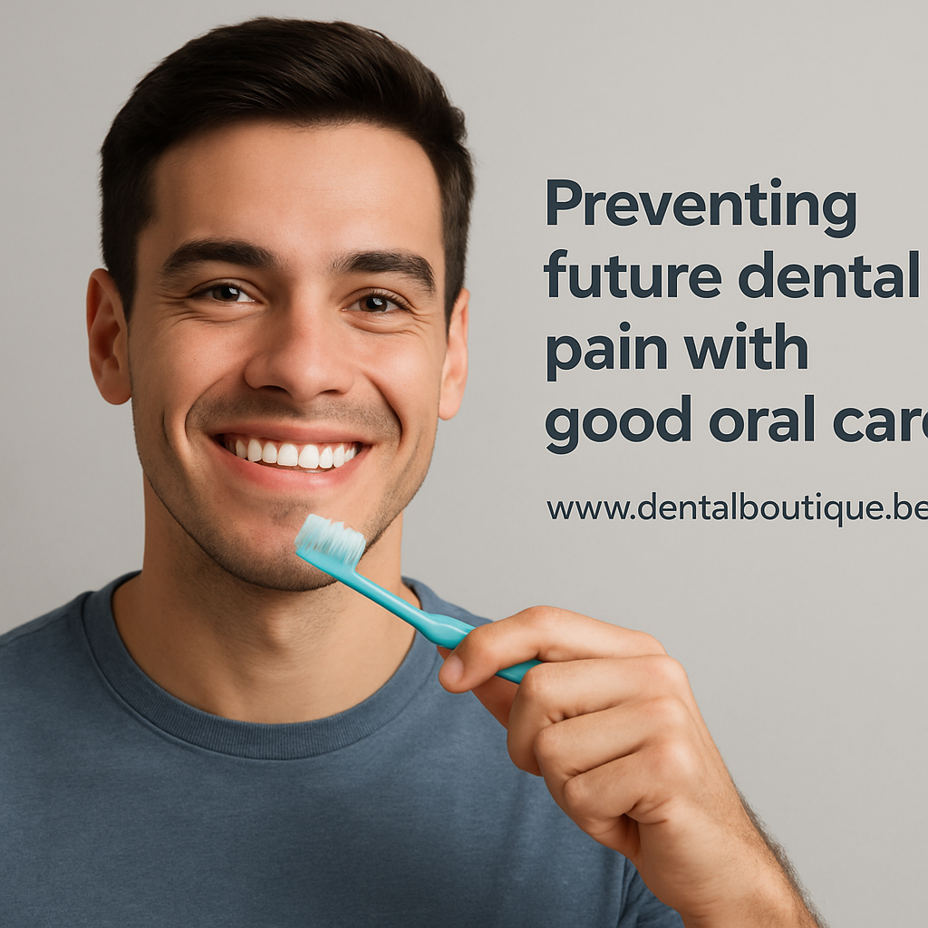 A person smiling confidently while holding a toothbrush, with a subtle glow around their healthy gums. Alt: Preventing future dental pain with good oral care