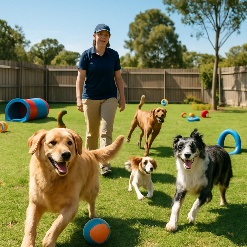 A sunny Australian doggy daycare yard with happy dogs playing on grass, a caregiver supervising, and colourful toys scattered around. Alt: doggy daycare cost Australian facility playground
