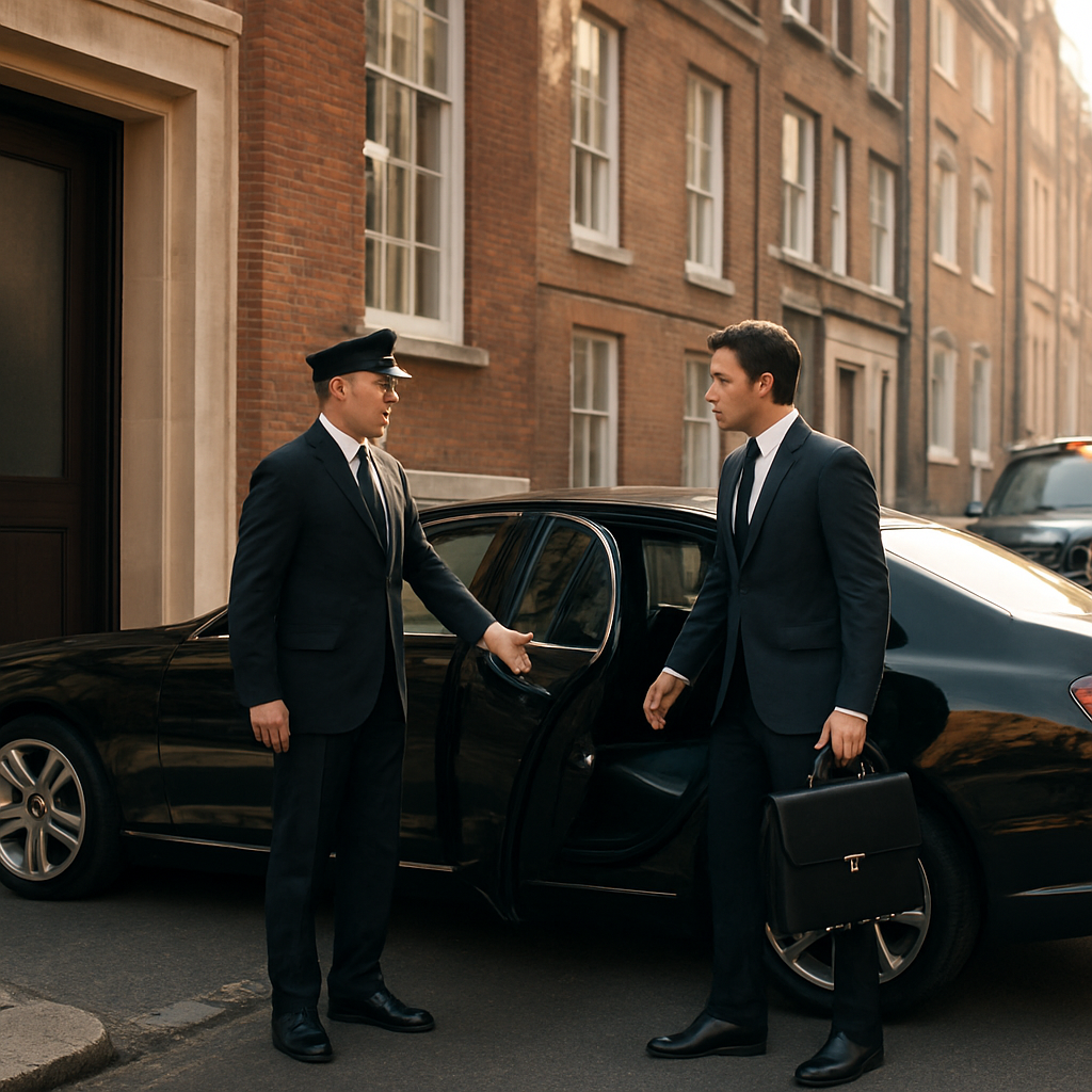 A photorealistic scene of a luxury black sedan pulling up to a modern Boston townhouse doorway, a professional chauffeur opening the door for a business traveler with a briefcase, soft morning light illuminating the street, realistic details of the vehicle’s polished exterior and the city’s historic brick architecture. Alt: Door to door transportation service in Boston with luxury limousine.