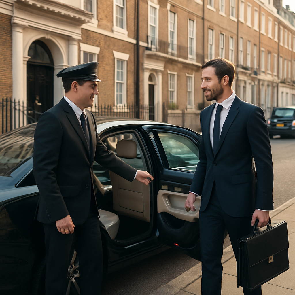 A photorealistic scene of a professional chauffeur opening the rear door of a sleek black limousine at a Boston townhouse doorway, driver greeting a business executive with a briefcase, soft morning light highlighting sanitized vehicle interior and visible safety stickers. Alt: Door to door transportation service safety and comfort.