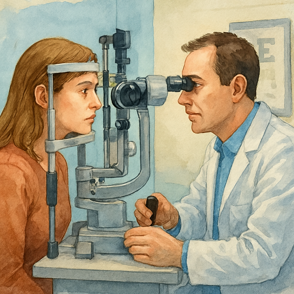 A close‑up of an eye exam room in a Sydney clinic, with a doctor examining a patient’s eye using a slit lamp. Alt: Understanding double vision after cataract surgery causes – eye examination.