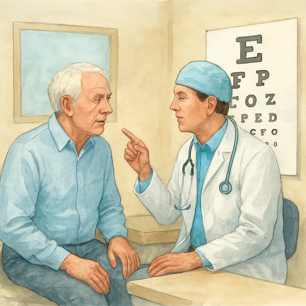 A senior patient in a Sydney clinic discussing double vision with an eye surgeon, showing the exam room and eye chart. Alt: double vision after cataract surgery evaluation