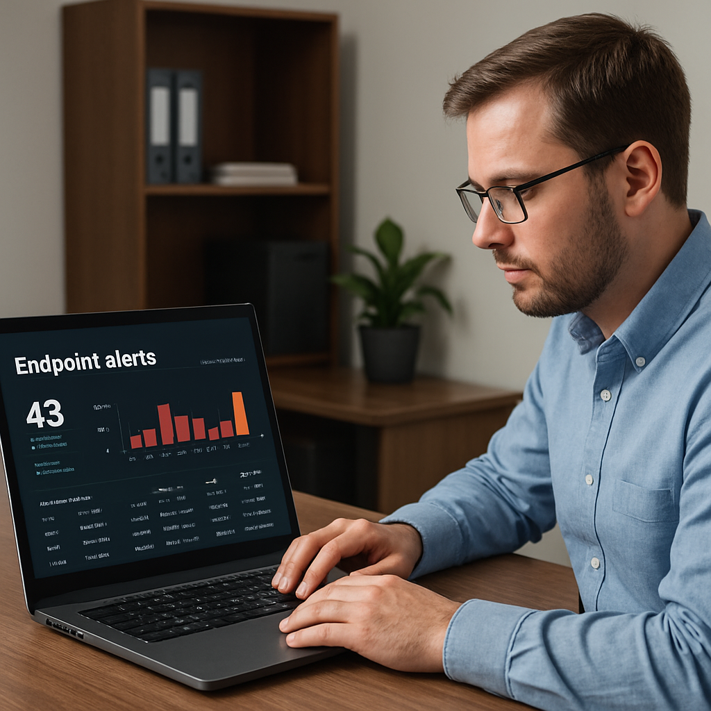 A professional IT technician reviewing a dashboard of endpoint alerts on a laptop in a small office setting. Alt: endpoint detection and response services monitoring SMB devices.