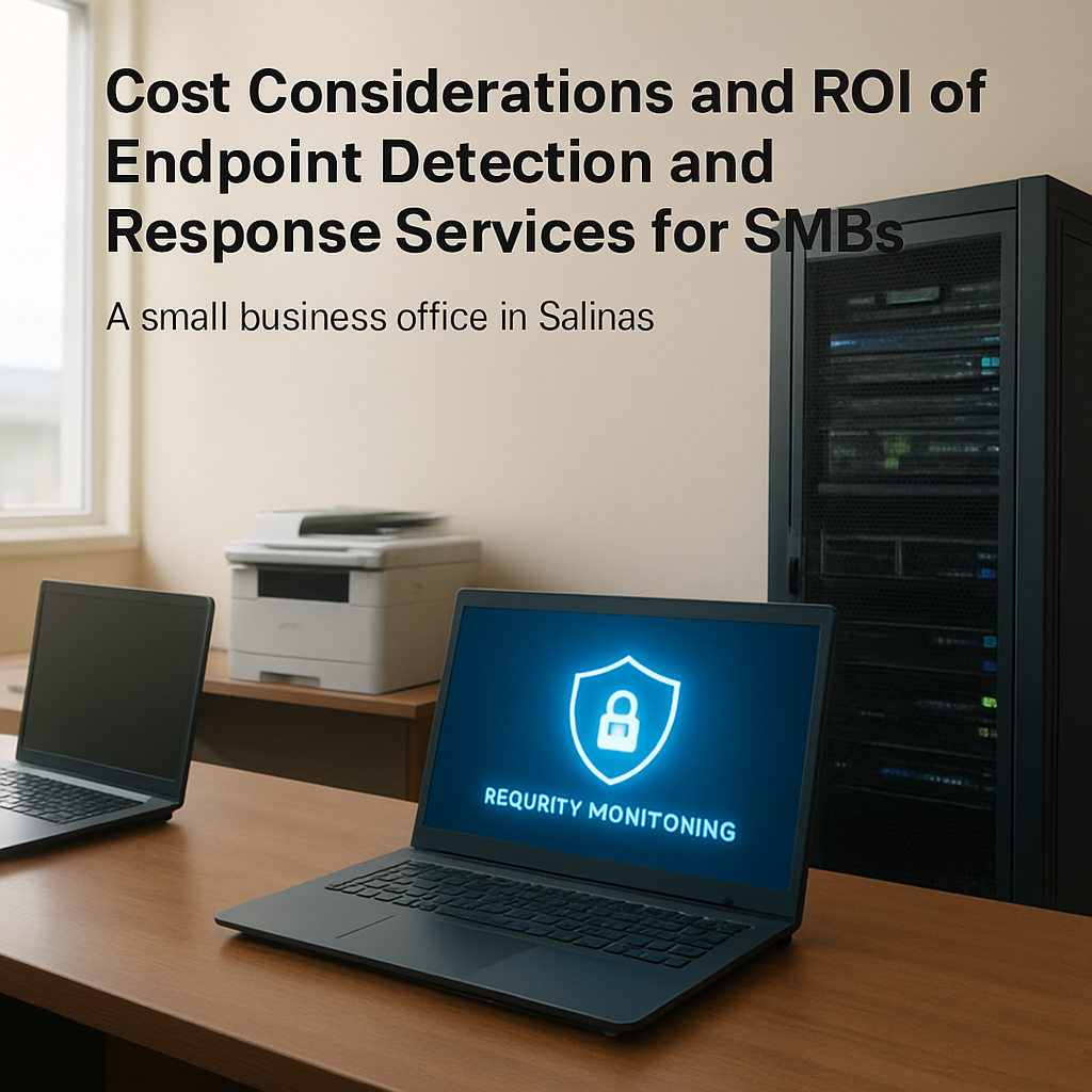 A small business office in Salinas with laptops and a server rack, a subtle glow around one laptop indicating endpoint security monitoring. Alt: Cost considerations and ROI of endpoint detection and response services for SMBs