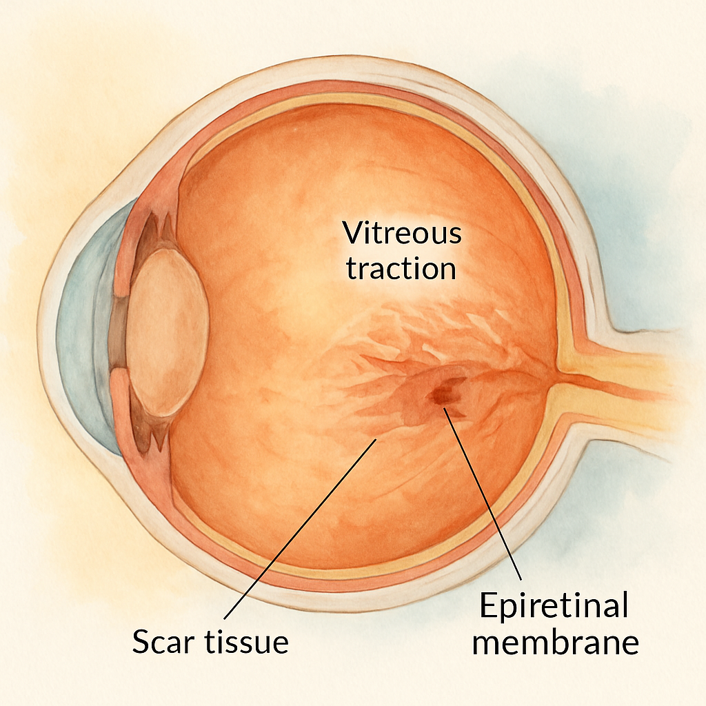An eye diagram showing the retina with a thin epiretinal membrane over the macula, highlighting areas of vitreous traction and scar tissue. Alt: Epiretinal membrane formation illustration showing scar tissue on macula.