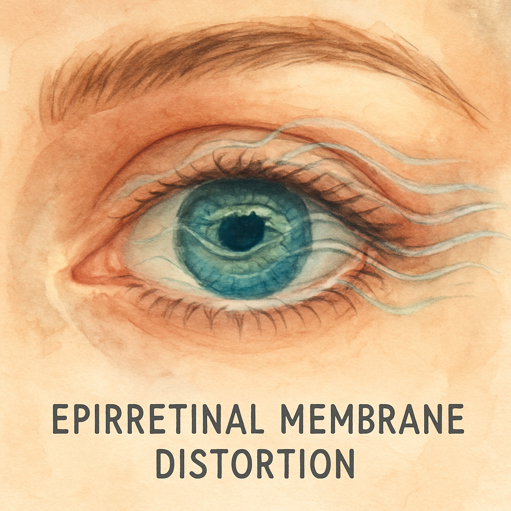 A close‑up view of a human eye with a subtle overlay of wavy lines illustrating epiretinal membrane distortion. Alt: epiretinal membrane symptoms visual example.