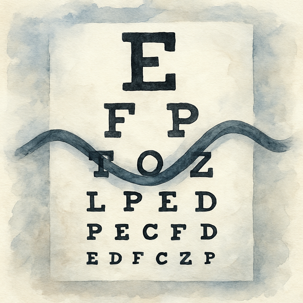 A close‑up of an eye chart with a wavy line overlay, illustrating epiretinal membrane distortion. Alt: Epiretinal membrane symptoms visualized on an eye chart.