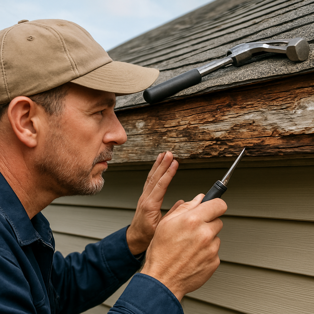A photorealistic close‑up of a homeowner inspecting a wooden fascia board on a Virginia Beach home, showing tools and weathered wood. Alt: Detailed view of fascia inspection and repair.