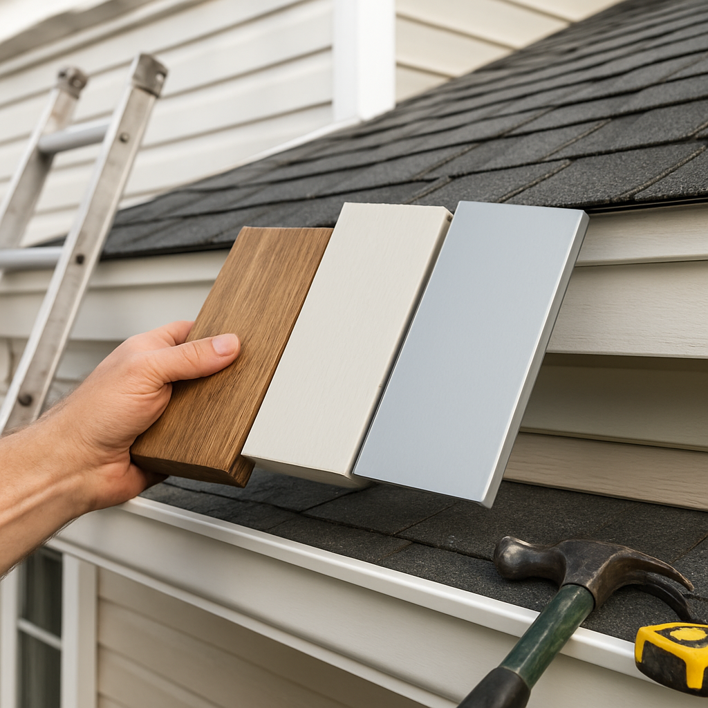 A photorealistic close‑up of a homeowner comparing different facia material samples—wood, vinyl, and aluminum—on a Virginia Beach house roofline, with a ladder and tools visible. Alt: Comparison of wood, vinyl, and aluminum facia boards on a coastal home.