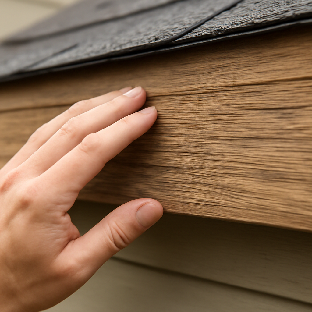 A close‑up of a hand gently feeling the texture of a wooden fascia board on a house roof edge, showing the grain and slight weathering. Alt: Healthy fascia board on a home roof edge providing support and protection.