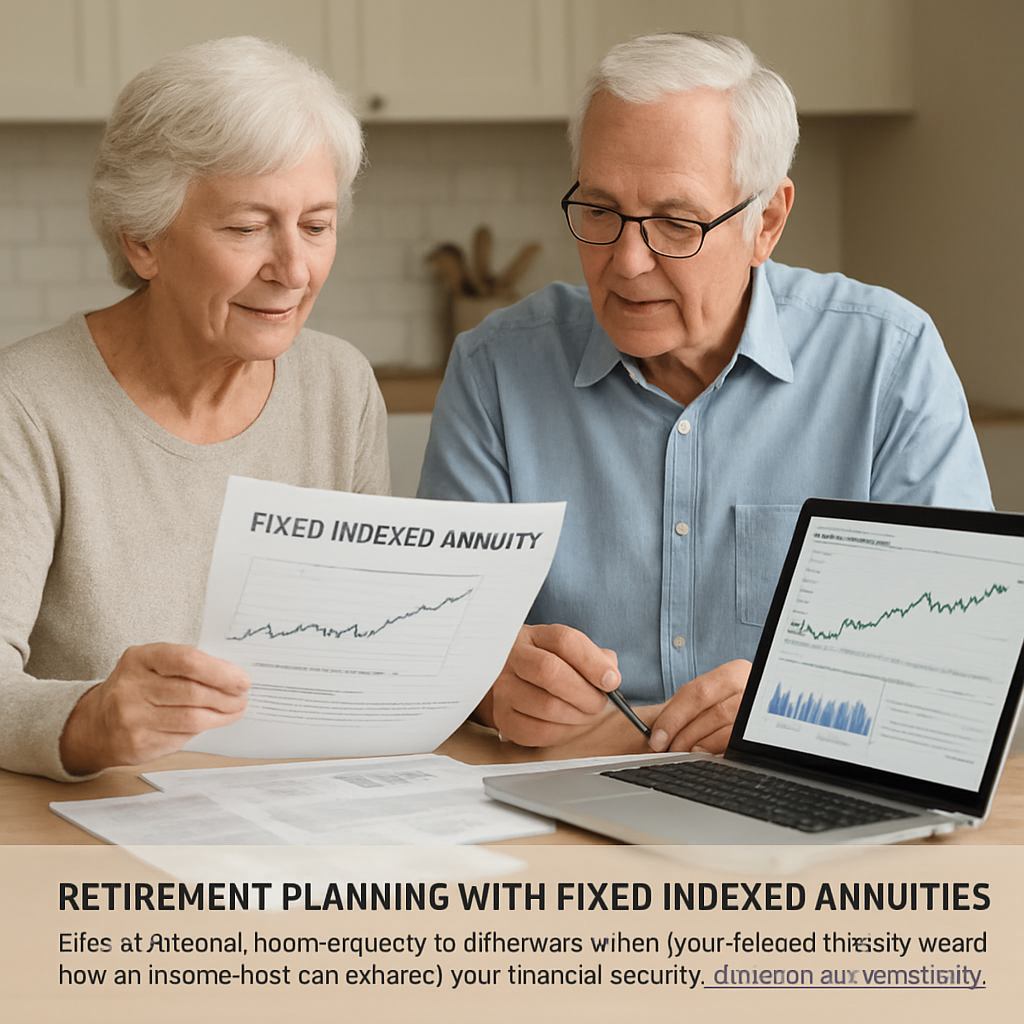 A serene retired couple reviewing their financial plan at a kitchen table, with paperwork showing a fixed indexed annuity diagram and a laptop displaying market index charts. Alt: Fixed indexed annuity with income rider retirement planning illustration.