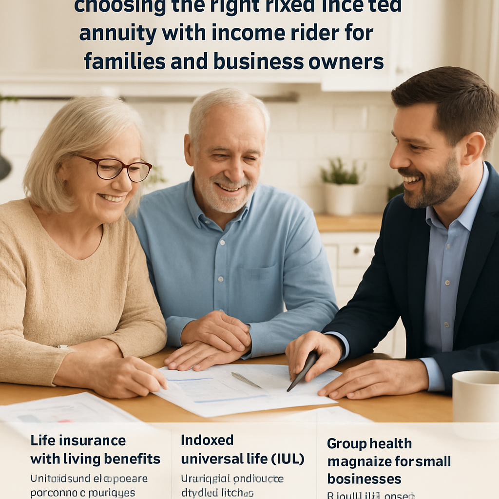 A senior couple and a small‑business owner sitting at a kitchen table with spreadsheets, discussing fixed indexed annuity options. Alt: Choosing the right fixed indexed annuity with income rider for families and business owners.