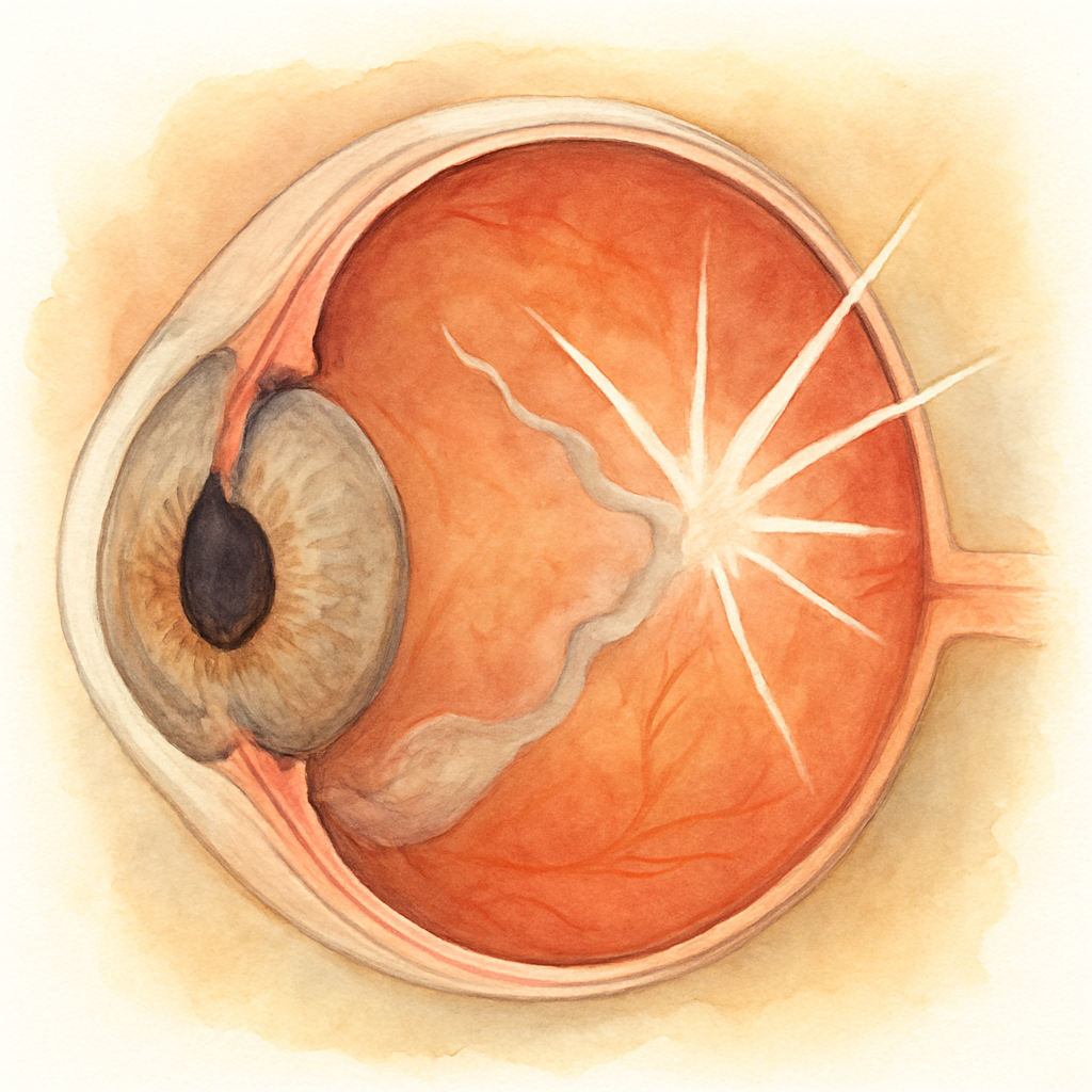 A close‑up illustration of a eye’s vitreous gel separating from the retina, showing subtle flash lines. Alt: flashes of light in one eye caused by posterior vitreous detachment