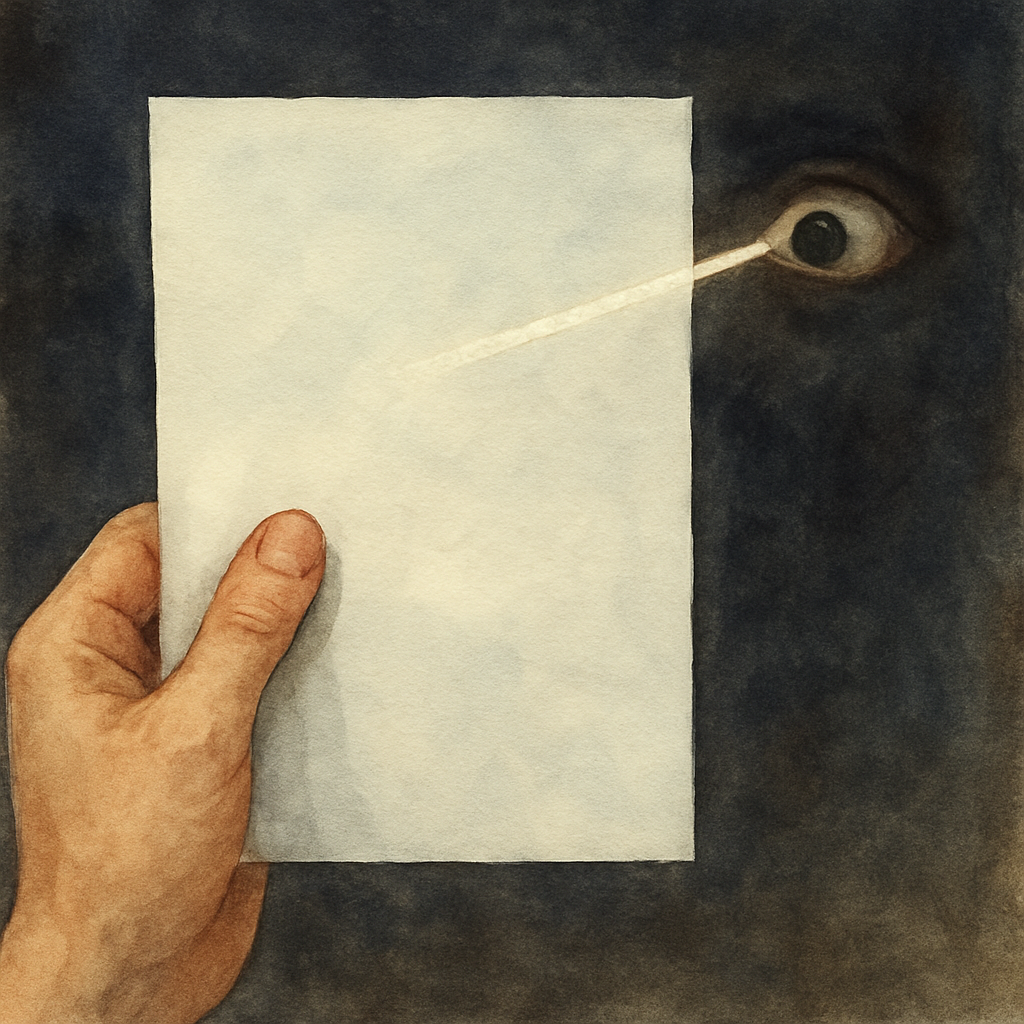 A close‑up of a hand holding a white sheet of paper in a dimly lit room, with a single eye visible in the corner, showing a faint streak of light across the peripheral vision. Alt: Step‑by‑step self‑check for flashes of light in one eye.