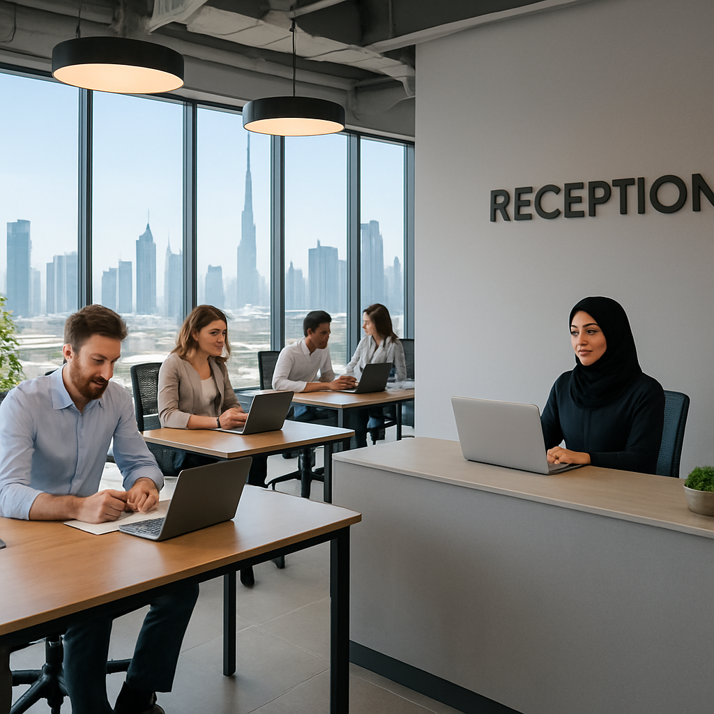 A modern coworking space in a Dubai free zone with entrepreneurs working at shared desks, a sleek reception area, and a city skyline visible through large windows. Alt: Flexi desk Dubai free zone workspace illustration