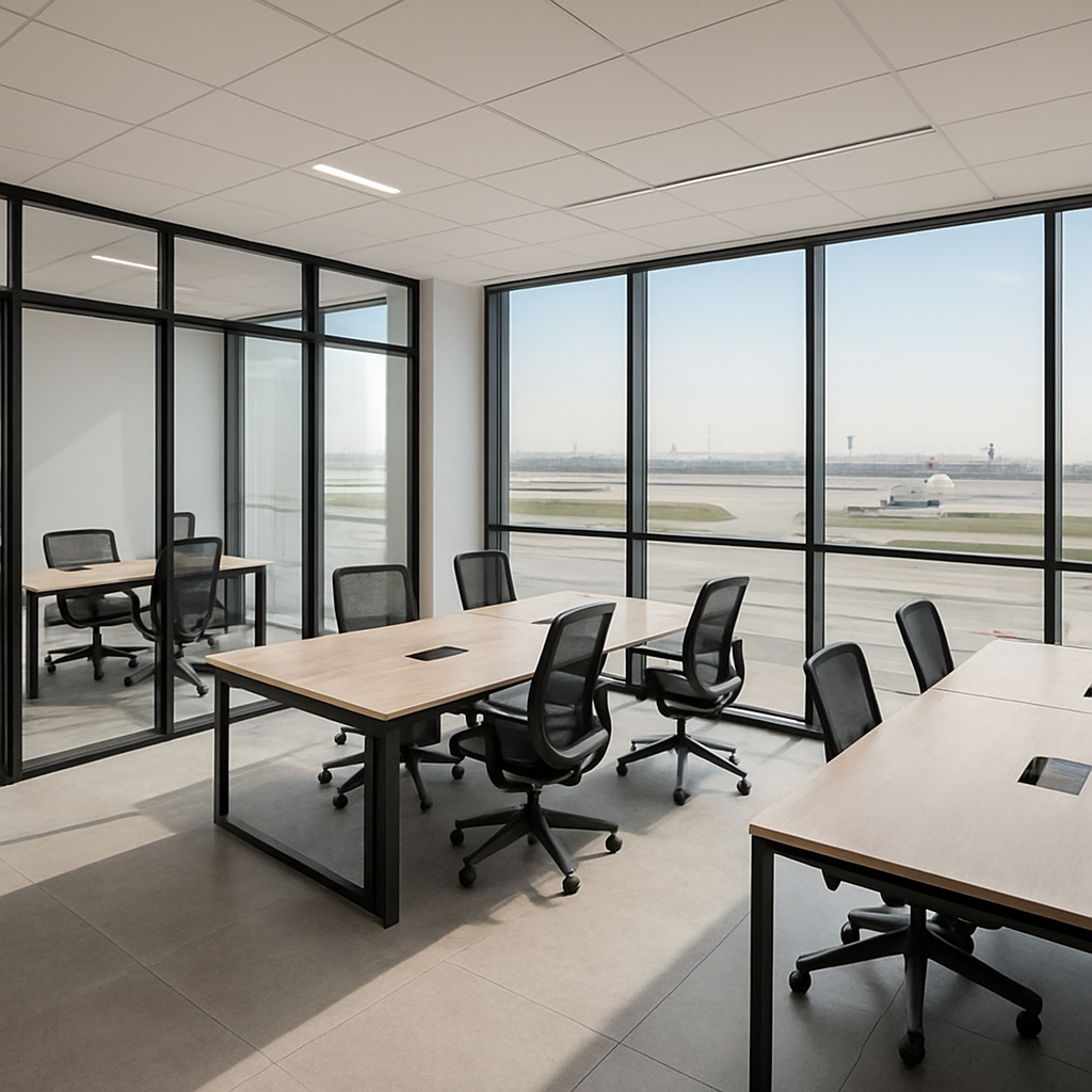 A modern coworking space in Dubai free zone with sleek desks, glass partitions, and a view of the airport runway. Alt: Flexi desk Dubai free zone workspace.
