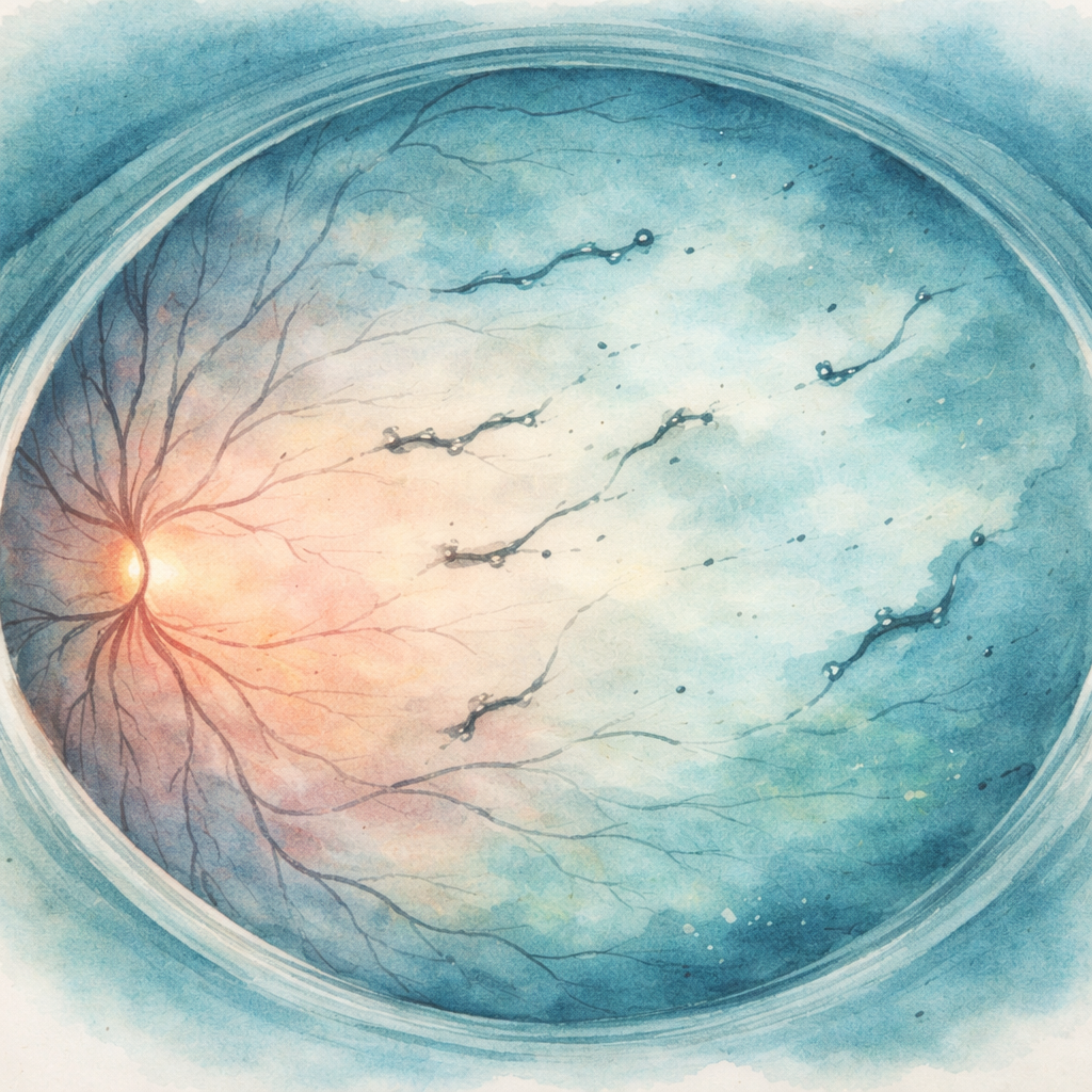 A soft watercolor painting of an eye’s interior showing delicate, dark vitreous floaters drifting in front of the retina, with subtle blue‑green hues to evoke a calm Sydney evening. Alt: Floaters after retinal detachment surgery watercolor illustration.