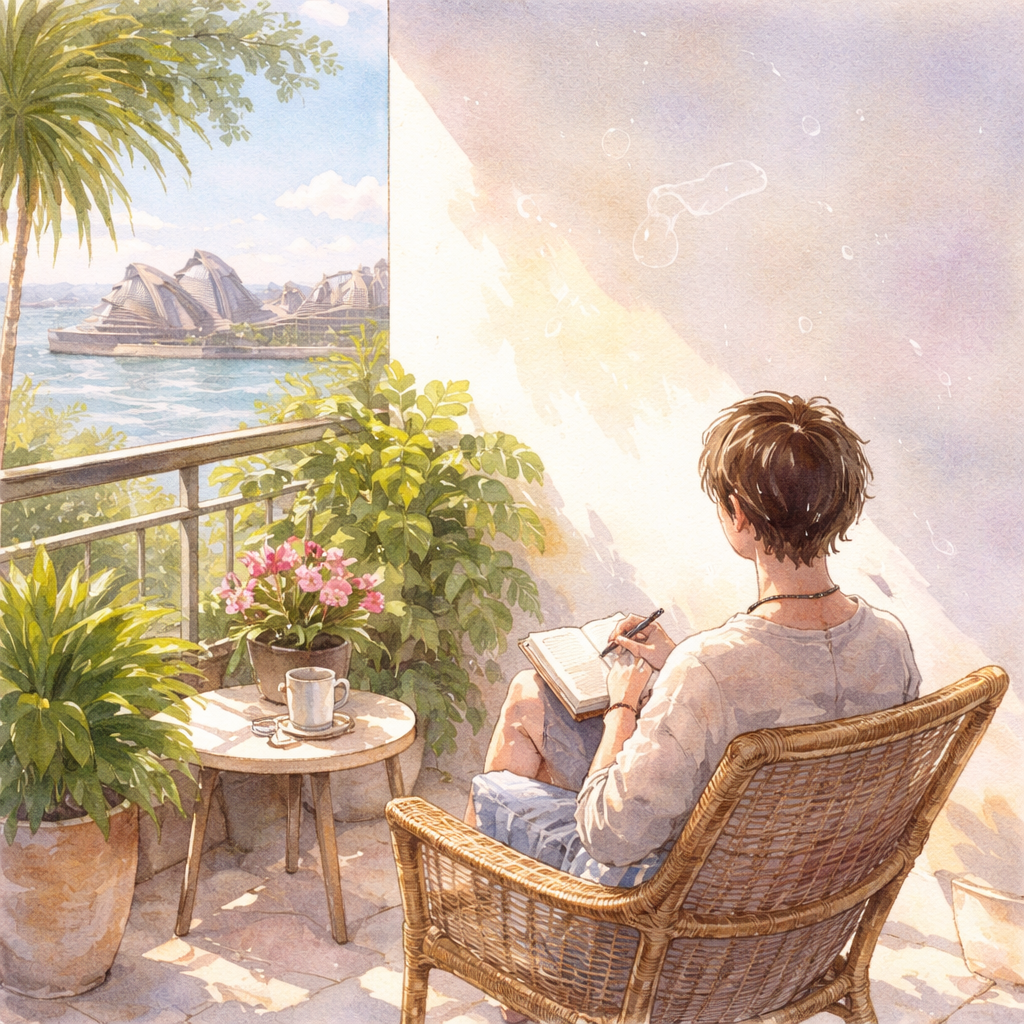 A watercolor painting of a relaxed person sitting on a sunny Sydney balcony, looking at a bright white wall while noting floaters in a small notebook; subtle translucent specks drift across the visual field, soft pastel tones, gentle brushstrokes.