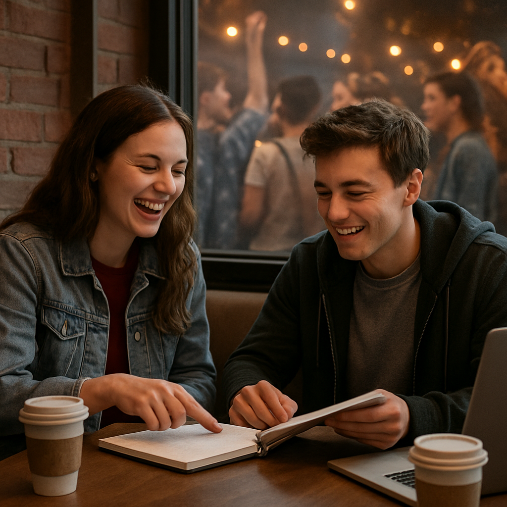 A photorealistic scene of two college students sitting at a cozy campus coffee shop, laughing and sharing a notebook, while a noisy party can be seen faintly through a window in the background. Alt: Friends sharing genuine moments over popularity distractions.