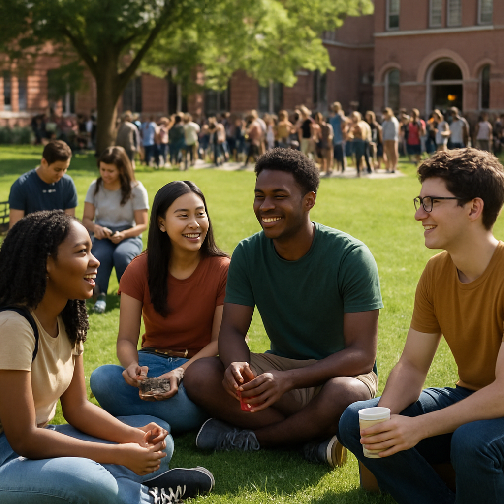 A photorealistic campus scene showing a diverse group of college students sitting in a sunny quad, casually talking and sharing snacks, with a smaller pair of friends studying on a bench nearby; in the background a larger crowd at a party hints at popularity. Alt: Diverse college friends building authentic connections on a sunny campus.