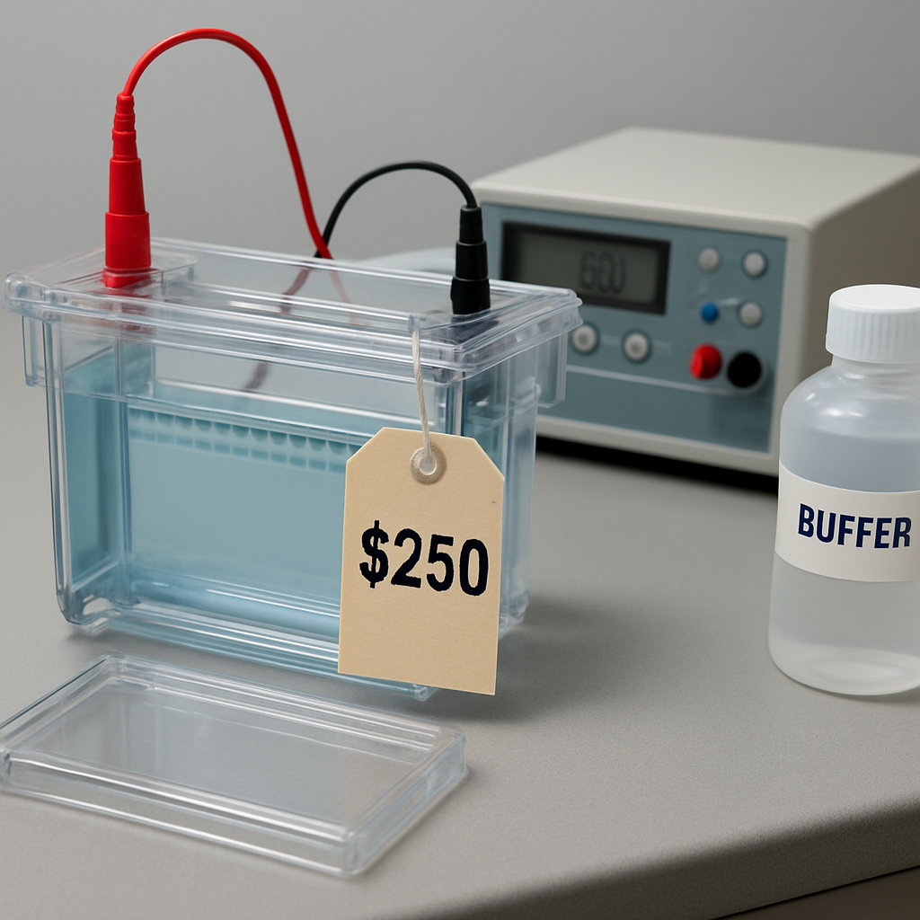 A photorealistic lab bench showing a gel electrophoresis tank with a price tag, a spare lid, a power meter, and a buffer bottle, illustrating hidden costs of gel electrophoresis tank price. Alt: Detailed view of gel electrophoresis tank budgeting considerations.