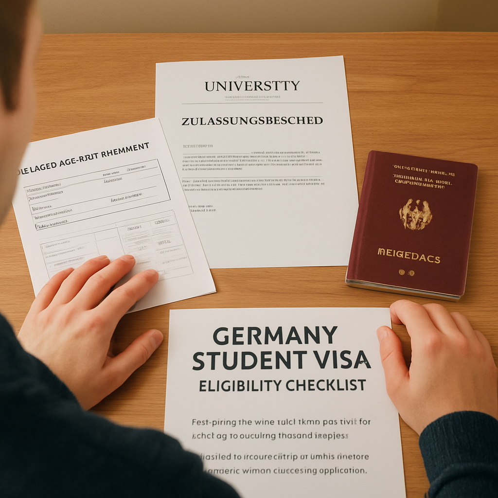 A student sitting at a desk with a German university acceptance letter, a blocked account statement, and a passport spread out, ready to apply for a visa. Alt: Germany student visa eligibility checklist with documents and passport.