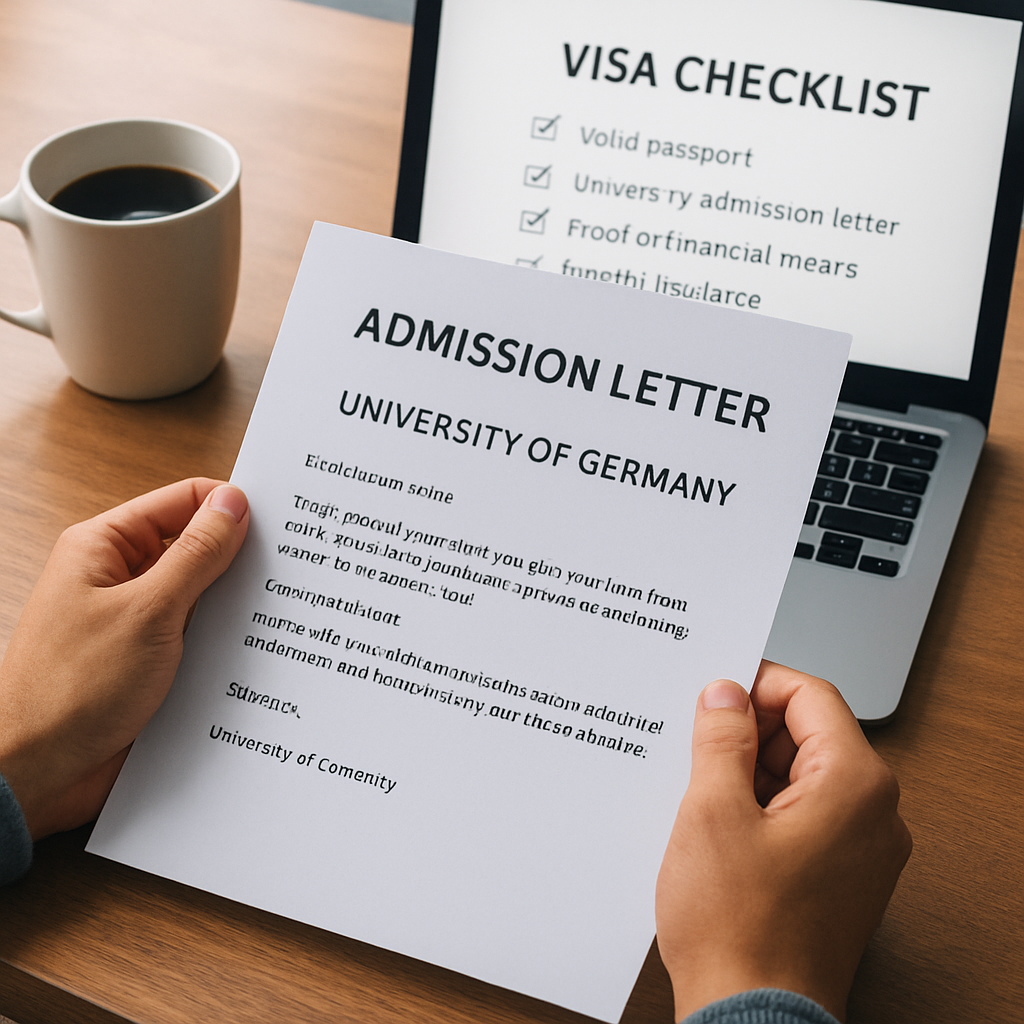 A student holding a printed German university admission letter, coffee mug on the desk, laptop open with a visa checklist visible. Alt: Secure admission confirmation for Germany student visa requirements.