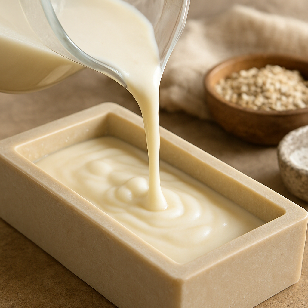 Close-up of fresh goat milk being poured into a soap mold, highlighting creamy texture and natural ingredients. Alt: goat milk soap nutrient profile