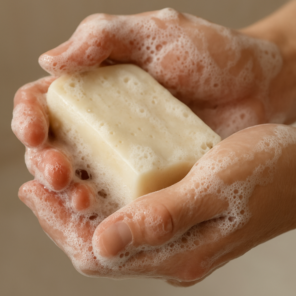 A close‑up of a creamy goat milk soap bar being lathered in hands, showing the rich froth and natural ingredients. Alt: goat milk soap benefits for skin