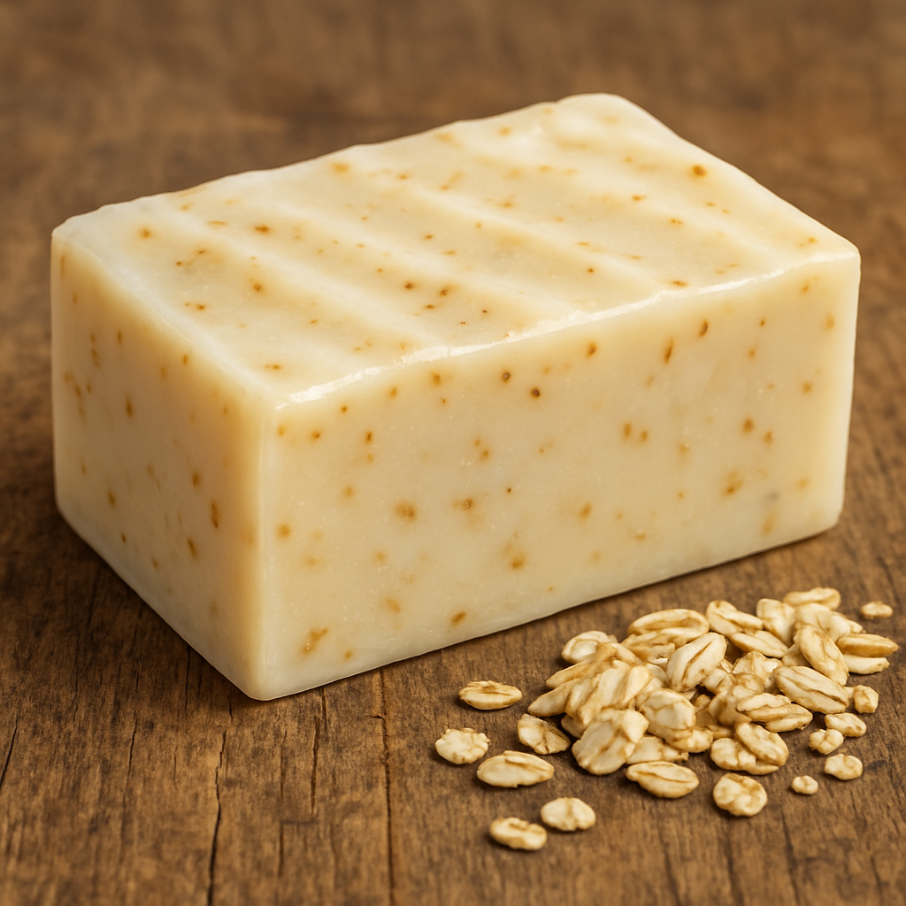 A close‑up of a creamy goat milk soap bar with honey and oatmeal specks on a rustic wooden board. Alt: 