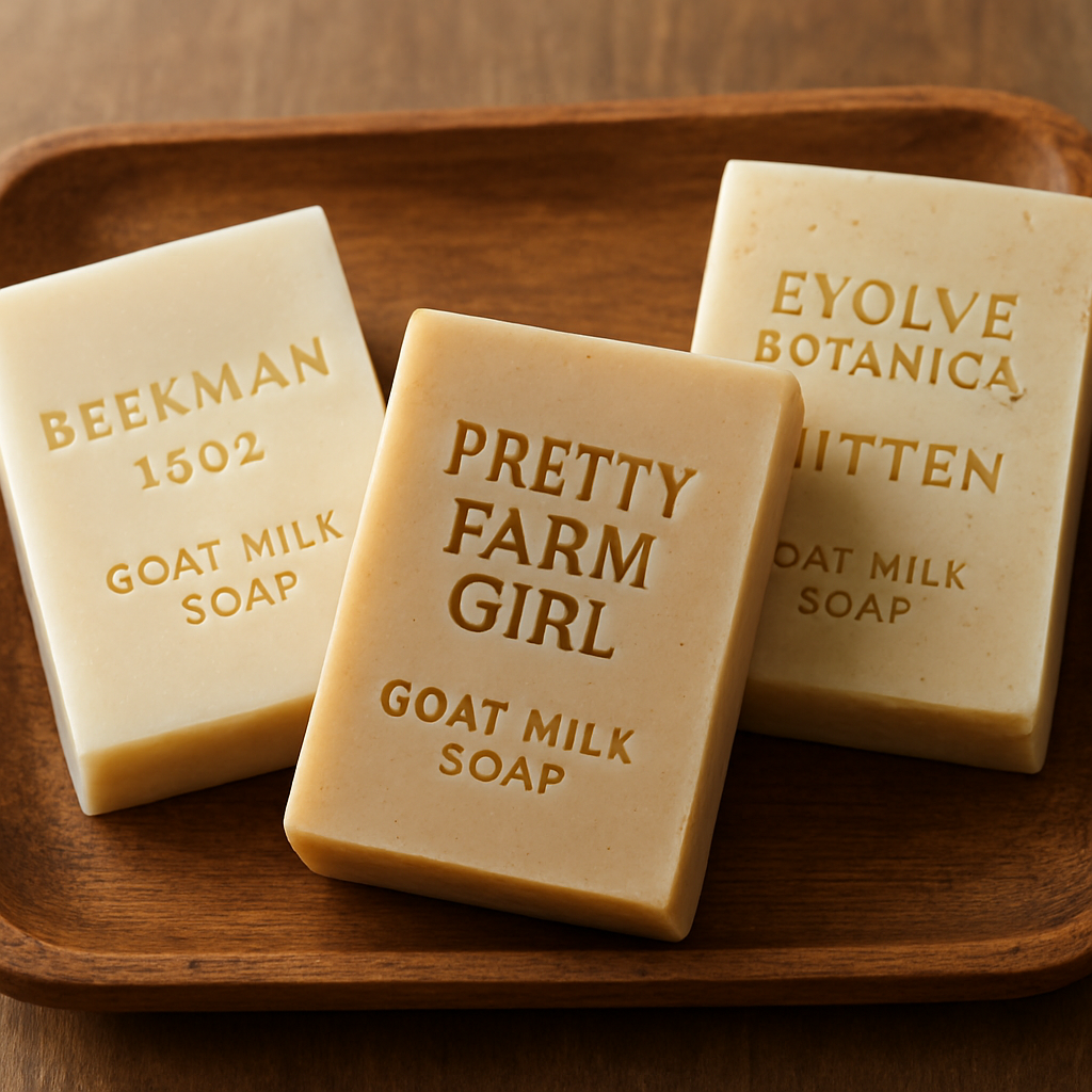 A close‑up of three different goat milk soap bars arranged on a wooden tray, each labeled “Beekman 1802”, “Pretty Farm Girl”, and “Evolve Botanica Bitten”. Alt: top commercial goat milk soaps for eczema reviewed