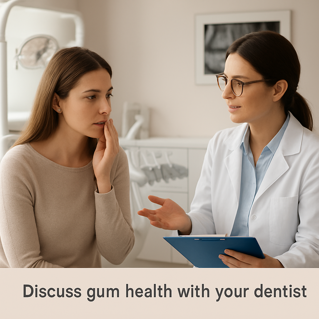 A calm dental clinic consultation scene, patient discussing gum health with a dentist, soft lighting, modern equipment. Alt: scheduling professional gum care appointment.
