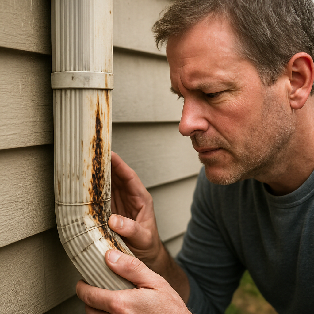 A close‑up of a homeowner inspecting a downspout for rust and cracks. Alt: homeowner inspecting downspout