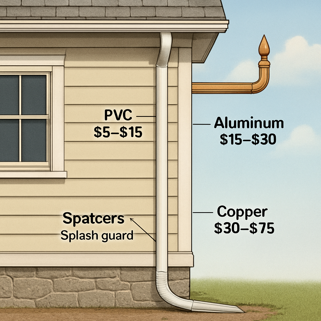 A detailed side‑view illustration of a home showing a PVC downspout, aluminum splash guard, and copper finial, labeled with cost ranges for each material. Alt: