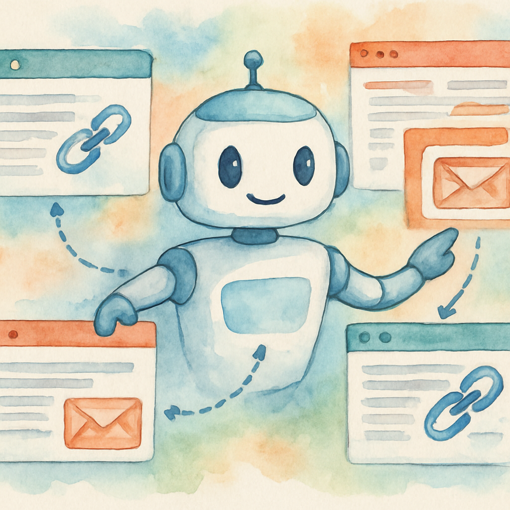 Illustration of a digital assistant managing link building tasks across multiple websites. Alt: Automated link building tool organizing backlinks and outreach for SEO success.