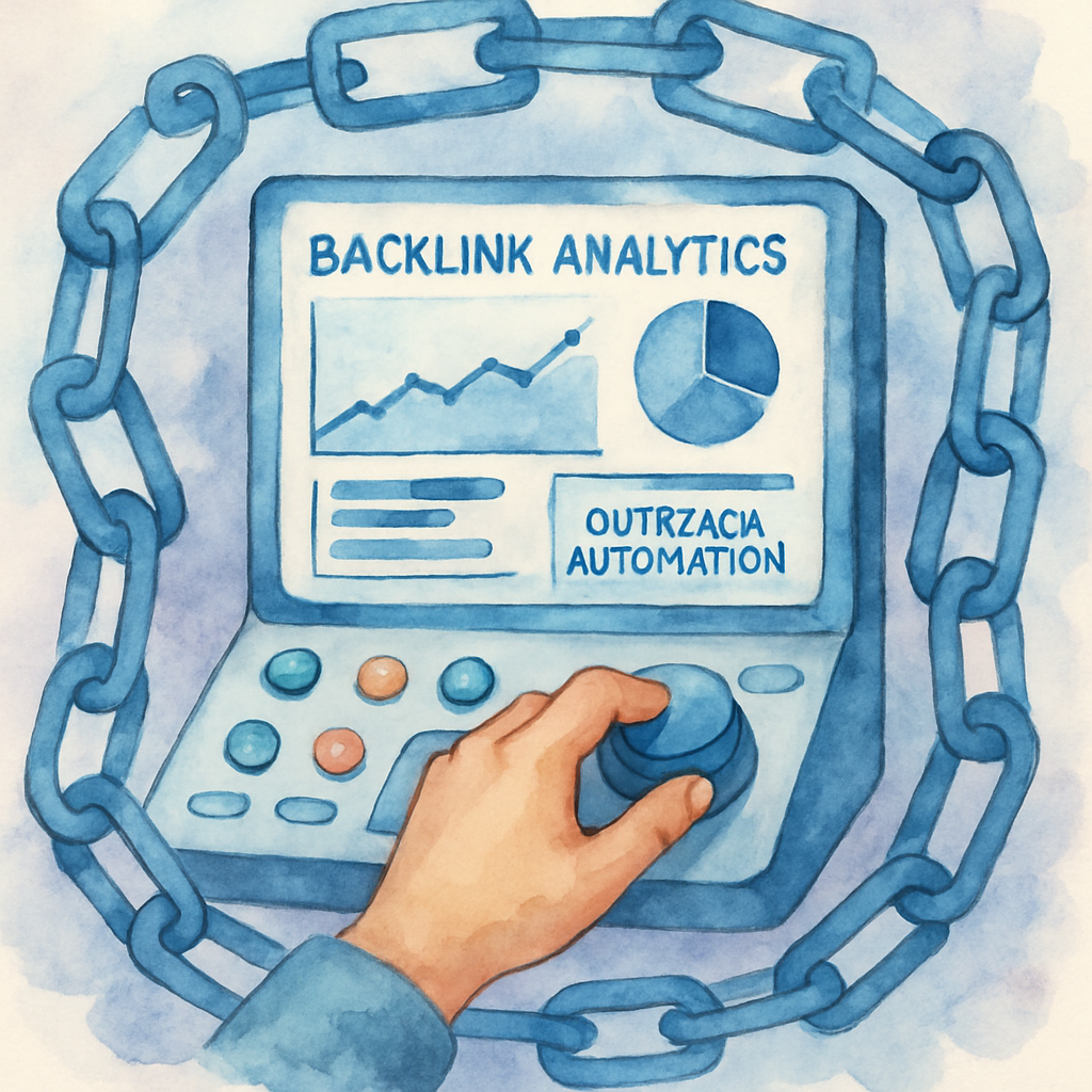An illustration showing a hand steering a control panel with digital link chains around it. Alt: Automated link building tool dashboard with backlink analytics and outreach automation.