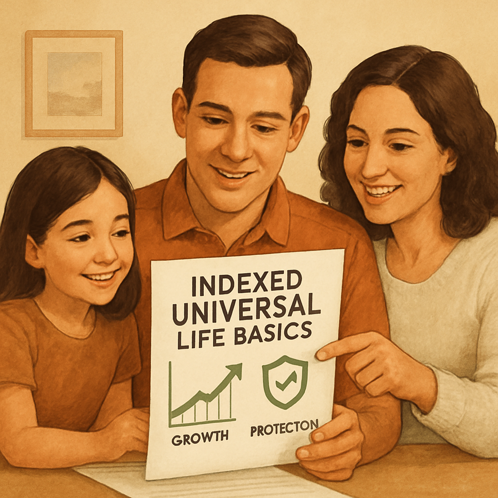 A friendly illustration of a family reviewing an indexed universal life policy document with charts showing growth and protection. Alt: Indexed universal life basics illustration