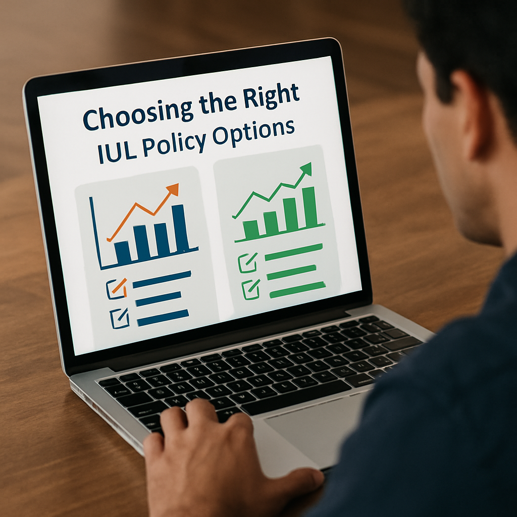 A person comparing IUL policy options on a laptop, with charts and checklists. Alt: Choosing the right IUL policy options guide