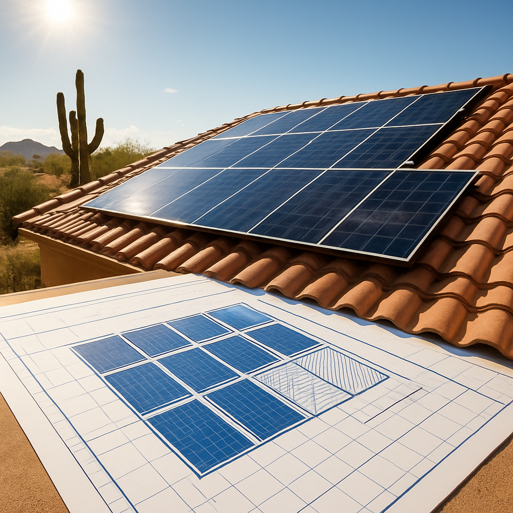 A sunny Arizona rooftop with solar panels outlined on a blueprint, showing panel layout and shading analysis. Alt: Assessing energy needs for solar lease in Arizona