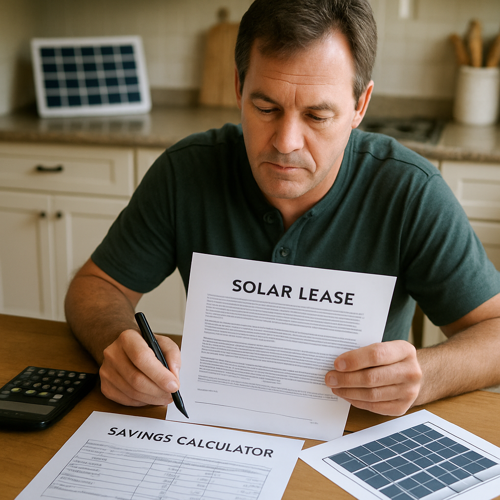 A homeowner reviewing a solar lease contract on a kitchen table, calculator and solar panel layout in the background. Alt: Review solar lease terms and savings calculator on a kitchen table