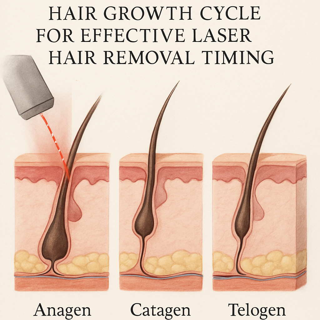 Diagram illustrating the hair growth cycle phases – anagen, catagen, and telogen – showing how laser targets the anagen phase. Alt: Understanding hair growth cycle for effective laser hair removal timing.