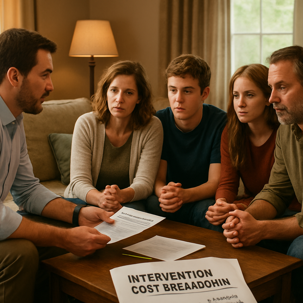 A warm living room setting where a family sits around a table with a professional interventionist, showing supportive conversation and paperwork. Alt: Intervention cost breakdown family meeting
