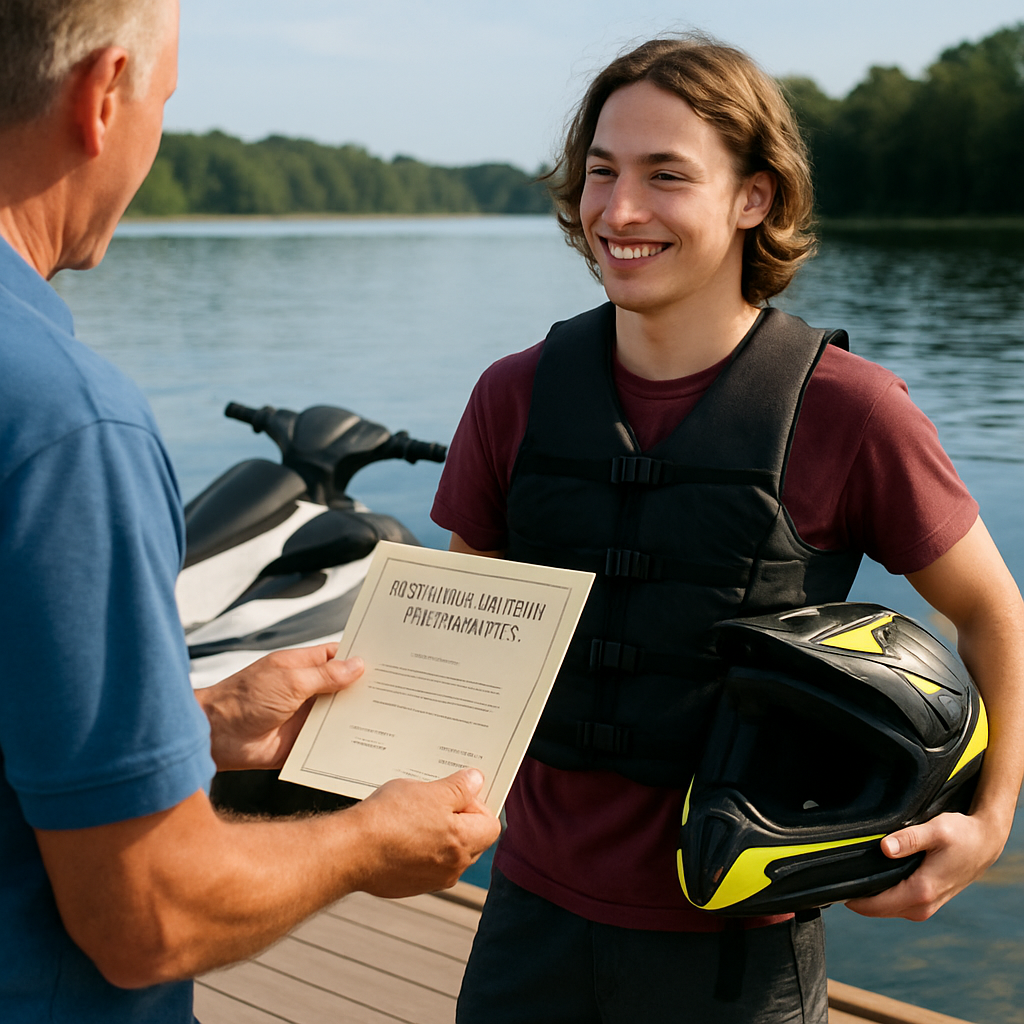 A young adult receiving a boating safety certificate at a lakeside dock, holding a jet ski helmet ready to ride. Alt: How old to drive a jet ski legal age safety certificate preparation.