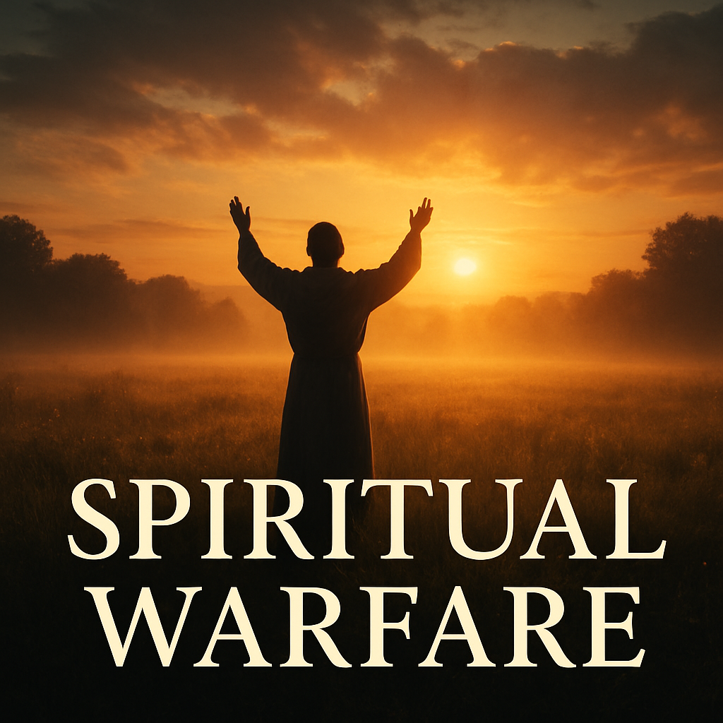 A serene sunrise over a quiet meadow, a lone figure standing with arms lifted in prayer, symbolizing awareness of spiritual warfare. Alt: Recognize spiritual battle, resist devil, Christian meditation.